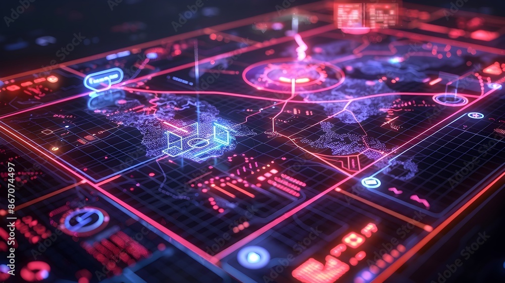 Poster futuristic interactive holographic map with location based information and navigation technology con