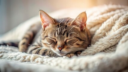Cat peacefully sleeping on a cozy bed , feline, pet, animal, fluffy, relaxation, comfortable, cozy, domestic, peaceful, nap, rest