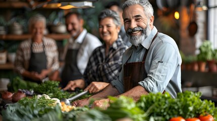 Cheerful Chef Instructing Retirees in Cooking Class with Fresh Ingredients