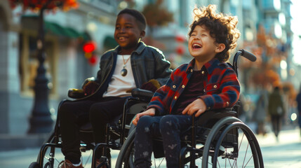 Two disabled children in wheelchairs are smiling and laughing. A black boy and an Asian boy are walking around the city