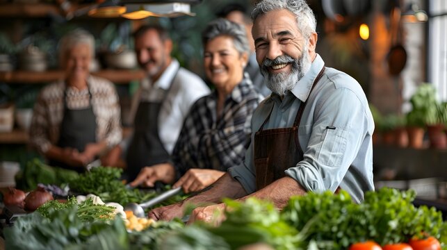 Cheerful Chef Instructing Retirees in Cooking Class with Fresh Ingredients