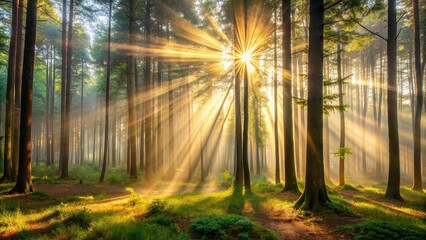 Naklejka premium Misty forest landscape with sun rays shining through the trees , Nature, scenery, forest, mist, fog, sun rays, trees