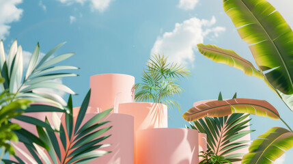 Obraz premium a tiered podium display with tropical leaves and a sky background