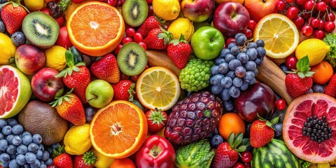 Colorful assortment of fresh fruits creating a vibrant and appetizing background, fruits, colorful, freshness, healthy