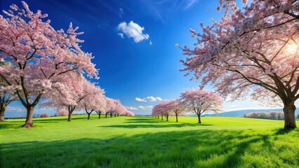 Obraz premium of cherry blossoms, blue sky, and green grass field in 169 aspect ratio, cherry blossoms, blue sky, green grass, nature
