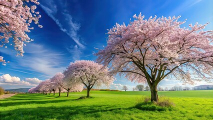 of cherry blossoms, blue sky, and green grass field in 169 aspect ratio, cherry blossoms, blue sky, green grass, nature