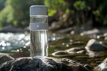 Reusable Water Bottle by a Natural Spring. Promoting Sustainability and Hydration
