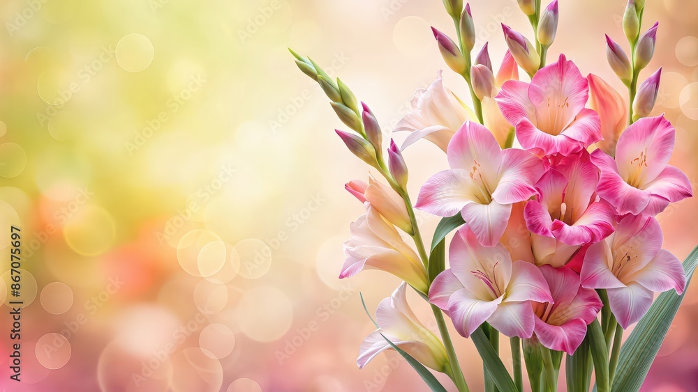 Sticker elegant gladiolus flowers against a soft pastel background , gladiolus, flowers, elegant, delicate, 