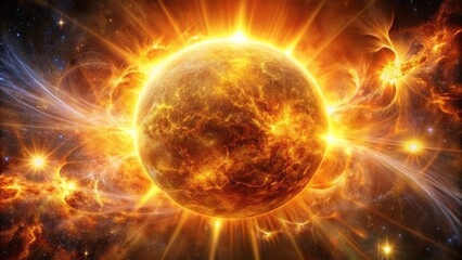 Obraz premium Vibrant orange-yellow sun surface adorned with majestic bursting flares, star protuberances, and swirling magnetic storms amidst radiant plasma flashes.