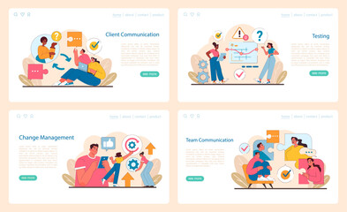 IT project management set. Showcases client engagement, rigorous testing, adaptive change, and team dialogue.