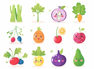 Fototapeta premium Green vegetables and fruits. Cute and happy anthropomorphic cartoon. Celery, thyme, herbs, onion, lettuce, wild blueberry, carrot, cherry carrot, red apple, cherry, cucumber. White background.