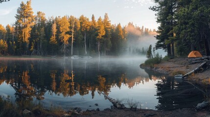 A serene campsite on the shore of a tranquil lake, with tall trees reflected in the calm water and mist rising in the morning light.
