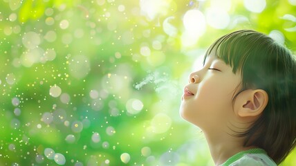 Fototapeta premium Children breathe clean air. International Day for the Protection of the Ozone Layer.