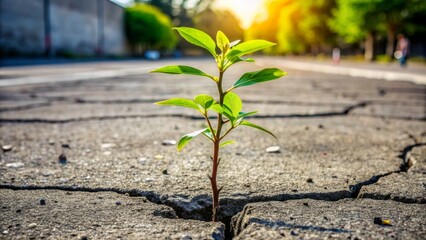 A determined small tree sprouts defiantly through cracked asphalt, its greenery vibrant against a drab, urban concrete backdrop, nature reclaiming space.