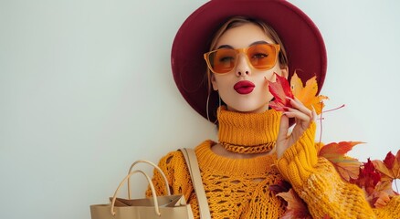 Young Woman in Yellow Sweater Holding Autumn Leaf and Wearing Sunglasses