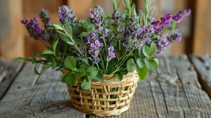 A small but fragrant bouquet of honeyle lavender and clover set in a rustic woven basket on a farmhouse table.