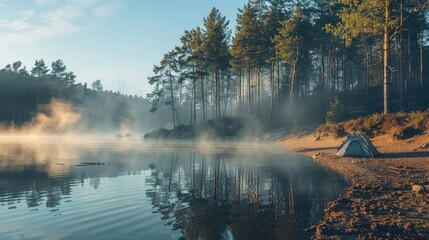 A serene campsite on the shore of a tranquil lake, with tall trees reflected in the calm water and mist rising in the morning light.