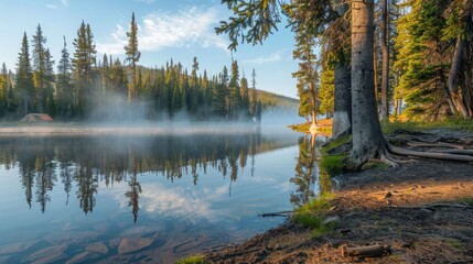 Obraz premium A serene campsite on the shore of a tranquil lake, with tall trees reflected in the calm water and mist rising in the morning light.