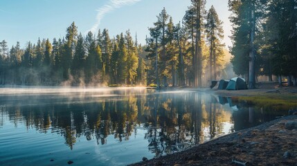 A serene campsite on the shore of a tranquil lake, with tall trees reflected in the calm water and mist rising in the morning light.