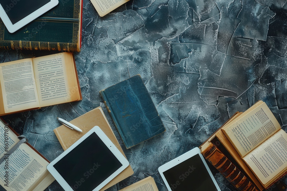 Poster a close-up image of tablets and e-readers displaying educational materials and e-textbooks, signifyi