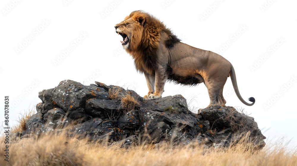 Poster Majestic Lion Roaring Atop Rocky Outcrop With Savannah Backdrop Isolated on White Background