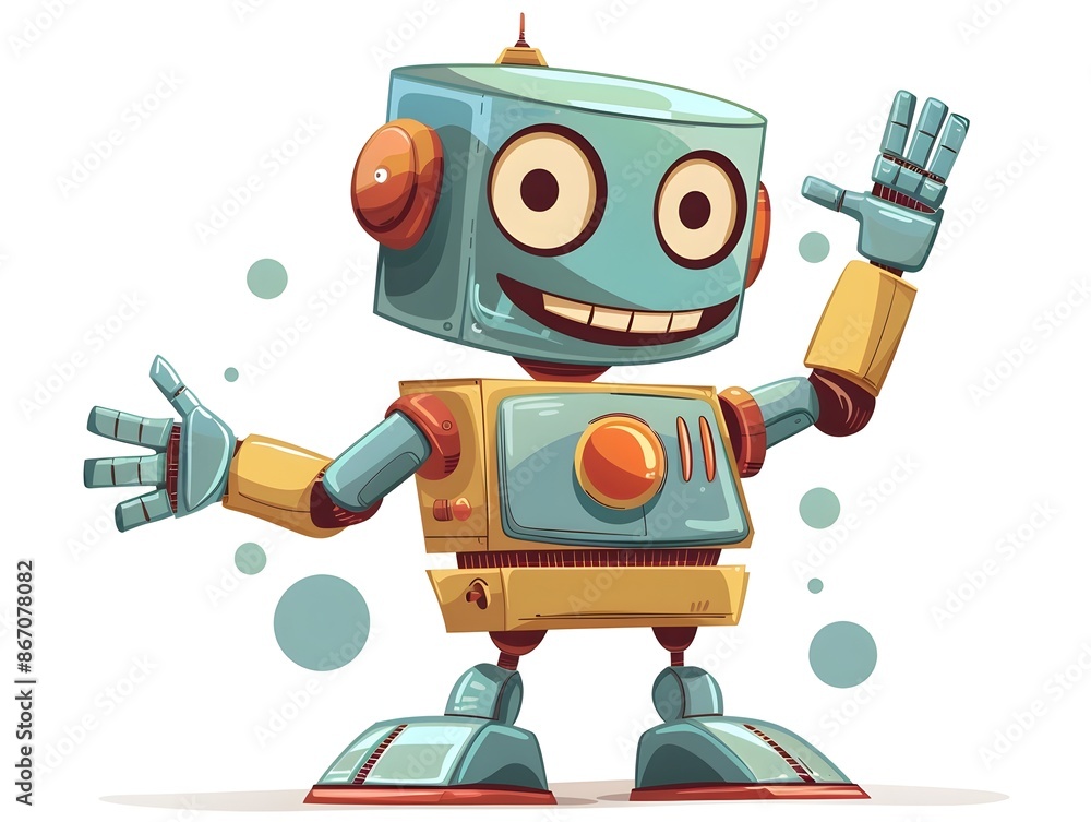 Poster friendly cartoon robot waving hello with simple design on isolated white background