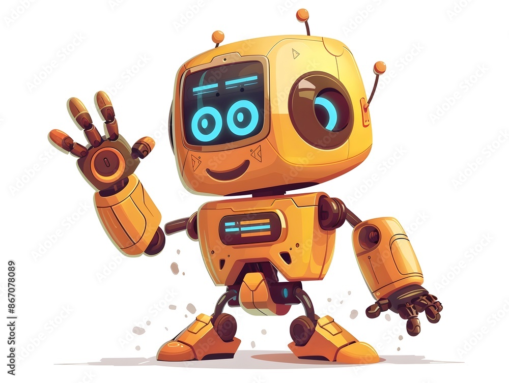 Poster cheerful cartoon robot waving hello with friendly expression and simple design on white background