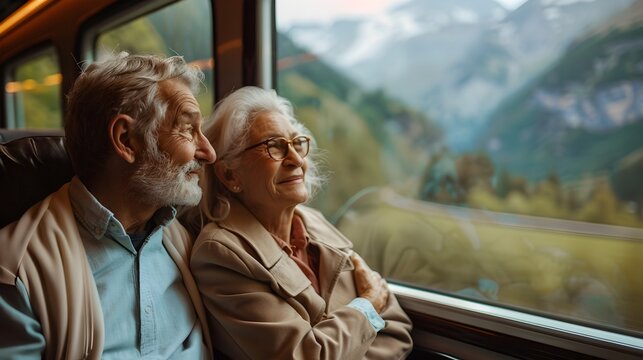 Retired Couple on a Scenic Train Ride Enjoying the Breathtaking Countryside View - Powered by Adobe