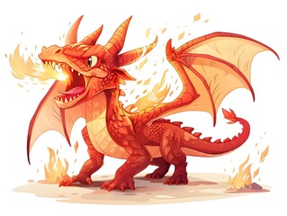 Fierce Cartoon Dragon Breathing Fire on White Background