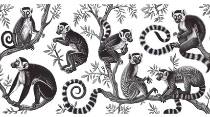 Collection of various lemur illustrations in black and white. Detailed lemur sketches in different poses on tree branches. Wildlife and nature concept for design and print. Flat lay composition.