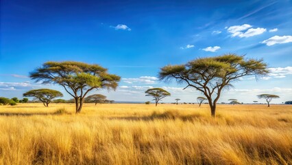 Savanna landscape background with dry grass, acacia trees, and a clear blue sky, savanna, landscape, background