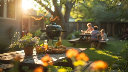 A family is enjoying a barbecue in their backyard