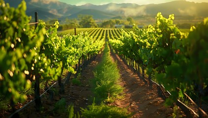 Scenic vineyard landscape at sunset with sunbeams, grapevines, and rolling hills. Concepts. wine, nature, agriculture, and travel