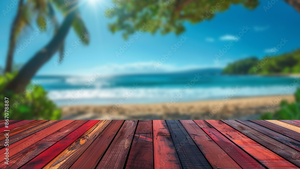 Poster foreground empty wooden table with a blurred background of a tropical beach in summer, complete with