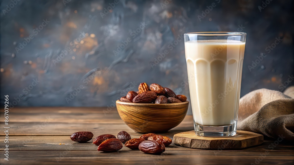 Poster Indulge in the creamy goodness of dates and milk blended together for a delicious beverage, dates, milk, smooth, silky