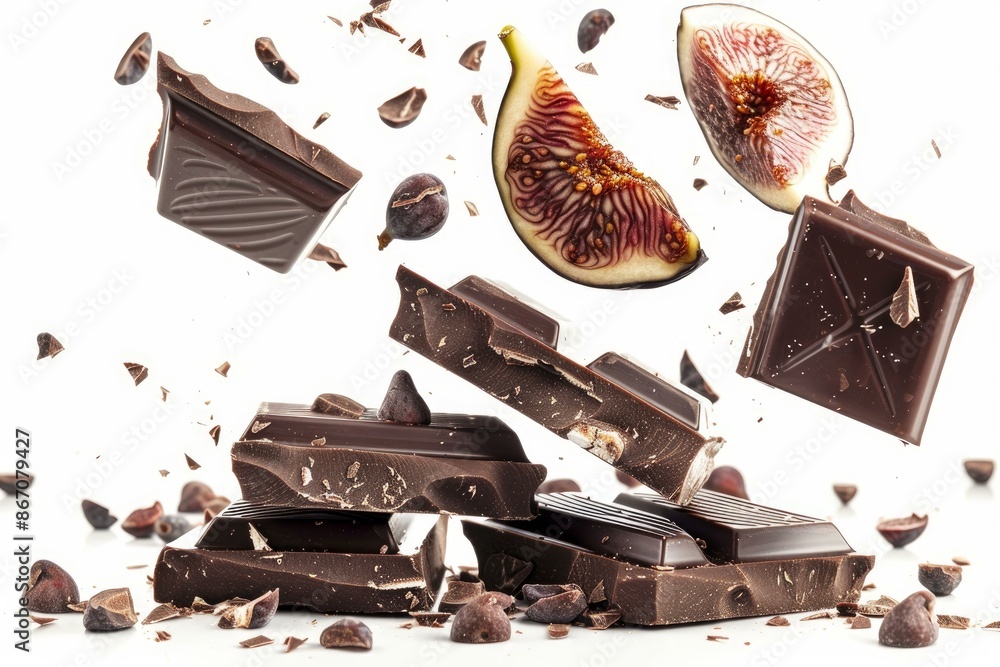 Poster chocolate bar pieces are exploding with fresh fig slices and cocoa beans on a white background