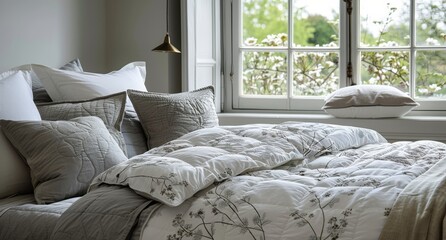 White Bed With Embroidered Floral Design Near Window