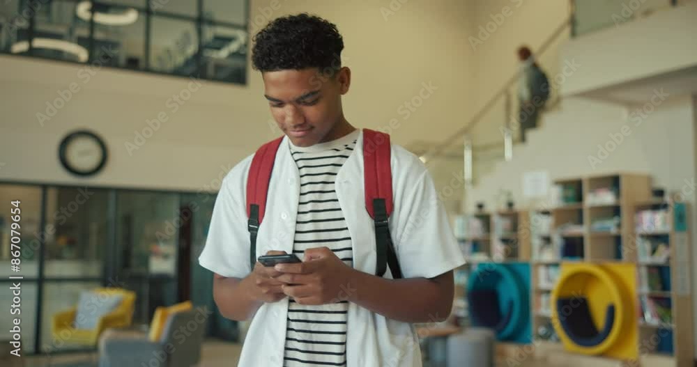 Poster Phone, walking and teen boy at high school with backpack for education, growth and development on website. Social media, smartphone and student at academy with mobile app, online chat and connection