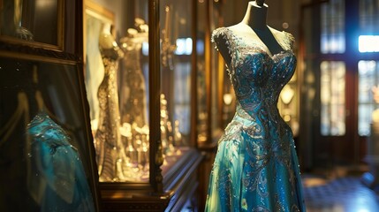 Obraz premium In a sunlit room, a shimmering blue dress hangs on a mannequin. Its azure hues captivate, while embroidered details add depth