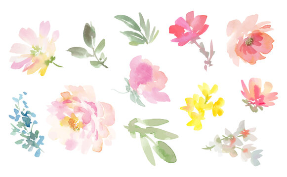 Watercolor floral clipart set with abstract hand painted pink peonies, wildflowers and leaves. Vector files. Elegant floral illustrations for wedding invitations and stationery.
