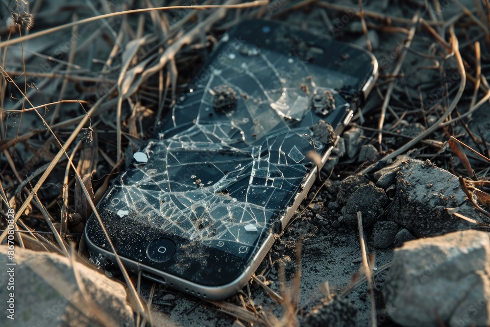 Poster broken smart phone with shattered screen is lying on the ground, showing the concept of danger and f