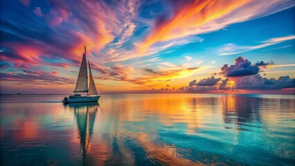 Serene nautical scene featuring a solo sailboat gliding across calm turquoise waters towards vibrant orange and pink dawn horizon.