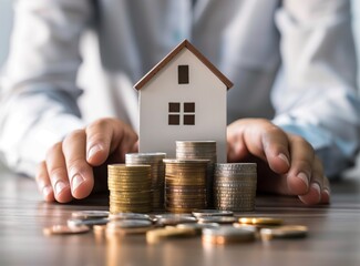 A pair of hands holding a stack of coins with a model of a house, representing the concept of investment real estate