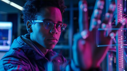 Image of a young man using sign language using an AI program in a laboratory.