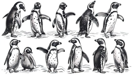 Fototapeta premium Collection of various penguin illustrations in black and white. Detailed penguin sketches in different poses. Wildlife and Antarctic animal concept for design and print.