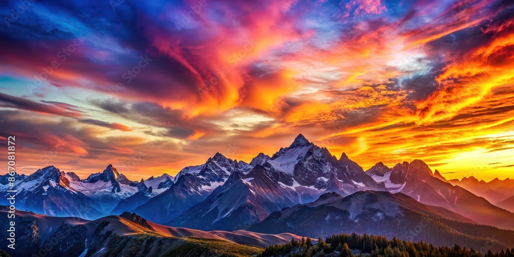 Wall mural sunset over the majestic mountains with vibrant colors in the sky , sunset, mountains, nature, lands