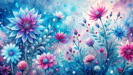 Naklejka premium Vibrant blue and pink flower watercolor splashes dance across a whimsical abstract winter background, perfect for festive holiday decorations.