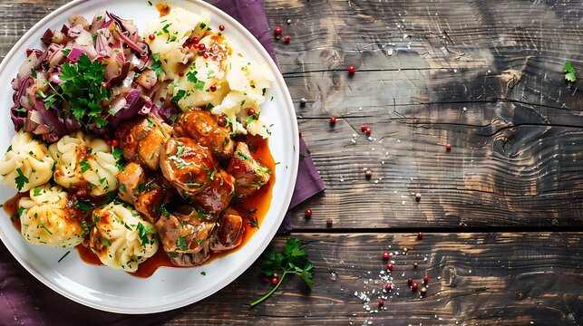 Traditional tasty czech food pork meat with dumplings and gabbage on white plate on wooden table