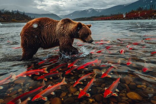 Large brown bear is hunting salmon running upstream to spawn in a clear water river in the wilderness