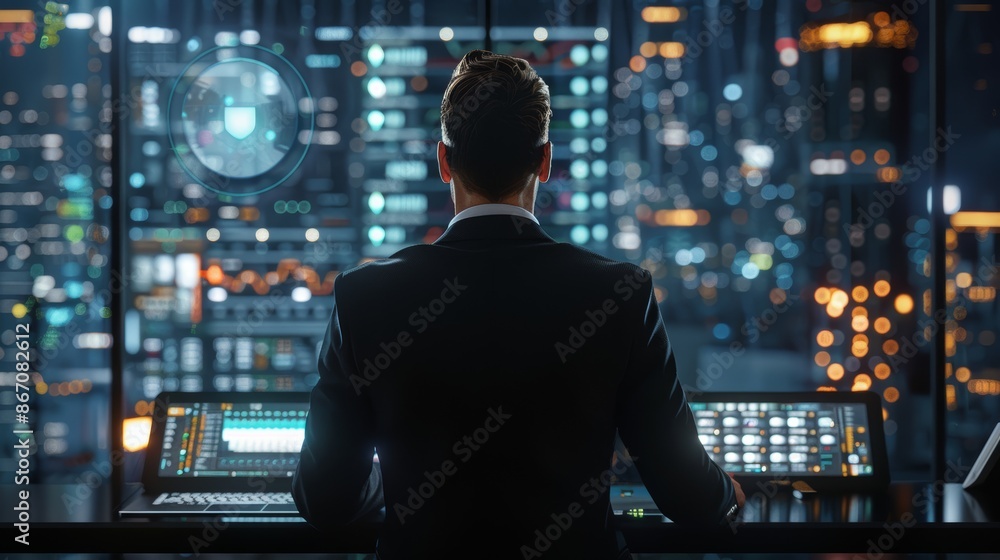 Poster a businessman stands before a large screen filled with data and code, gazing into the digital world.